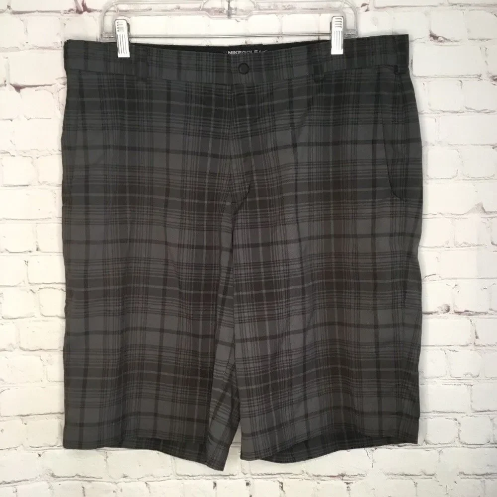 Nike Golf Dri Fit Tour Performance Men Gray Plaid Flat Front Golf Shorts Size 36